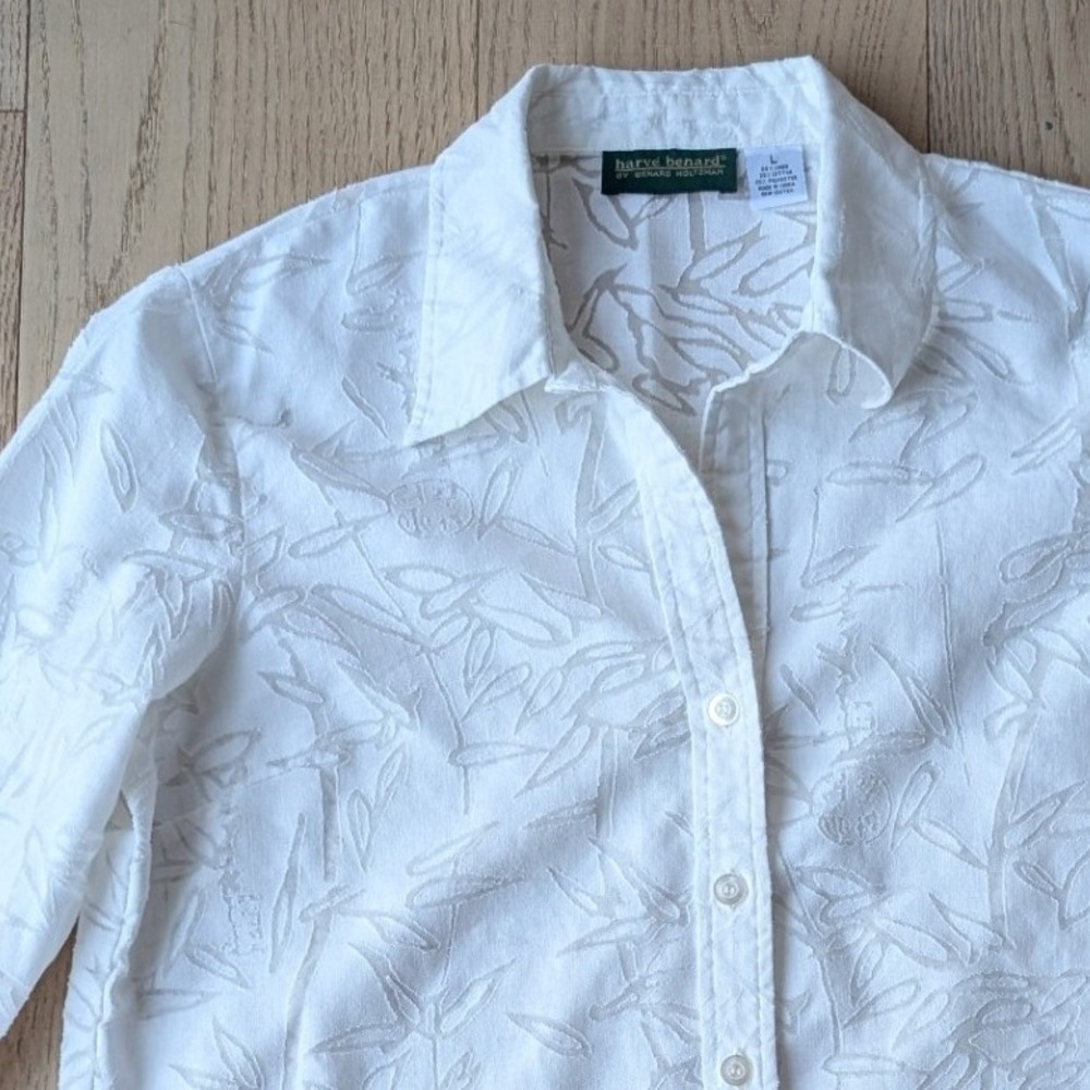 Harve Benard‎ Womens Linen Blend White Leaf Pattern Button Up 3/4 sleeve Shirt L - Picture 2 of 7